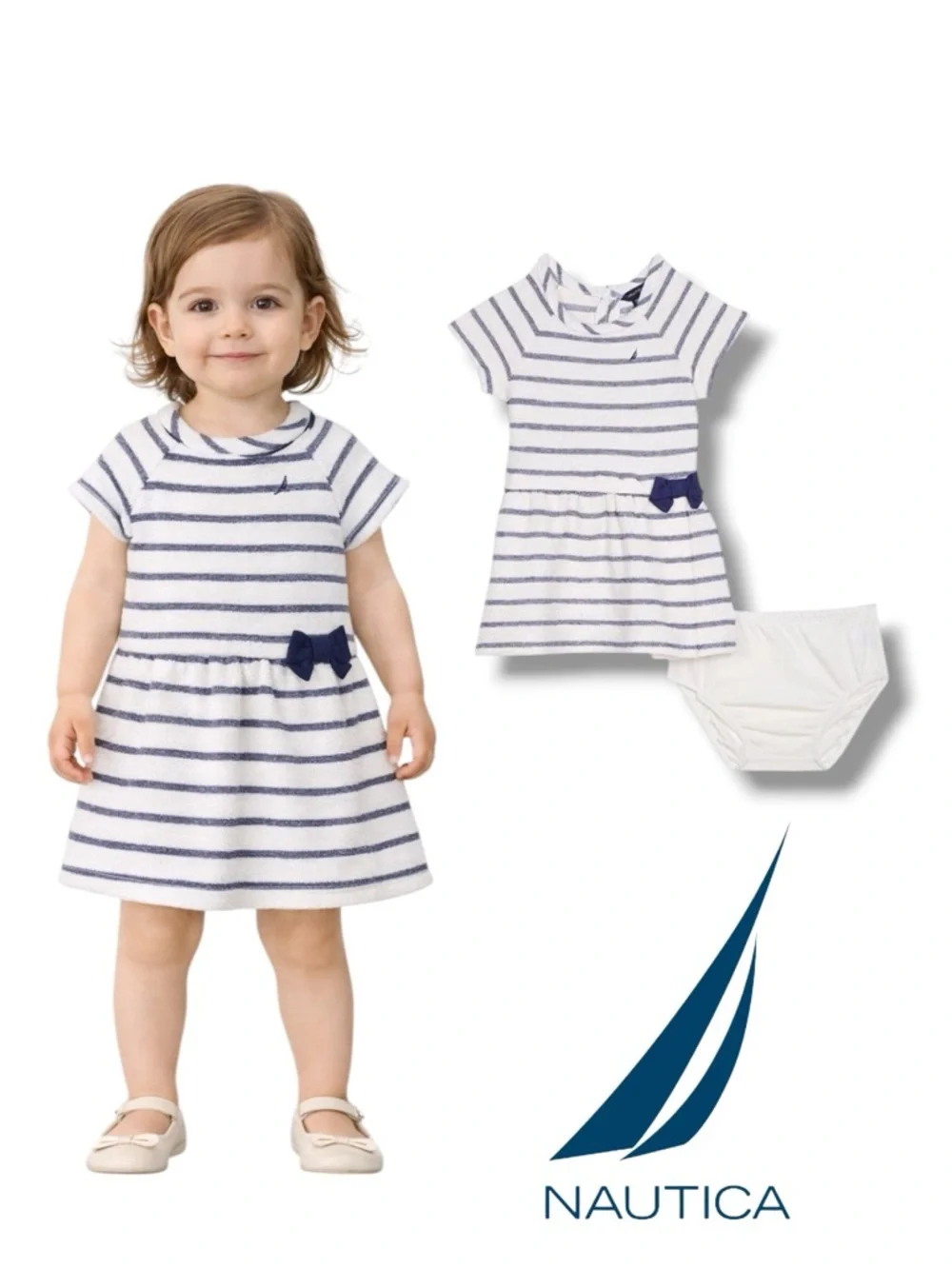NAUTICA Kids Cream/Navy Stripes Terry Dress with Matching Bottoms NWT Size 12M